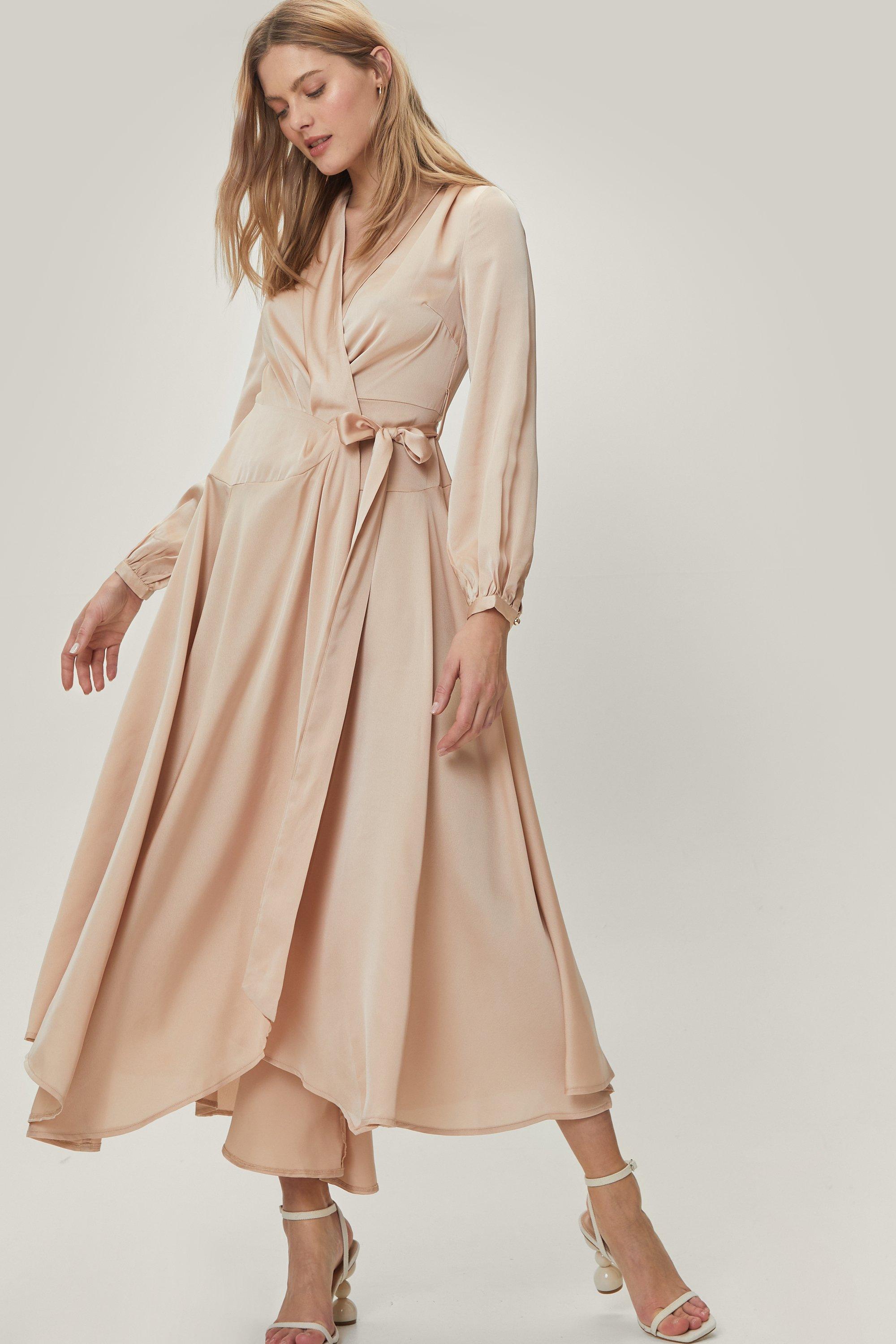 Satin Long Sleeve Belted Maxi Wrap ...